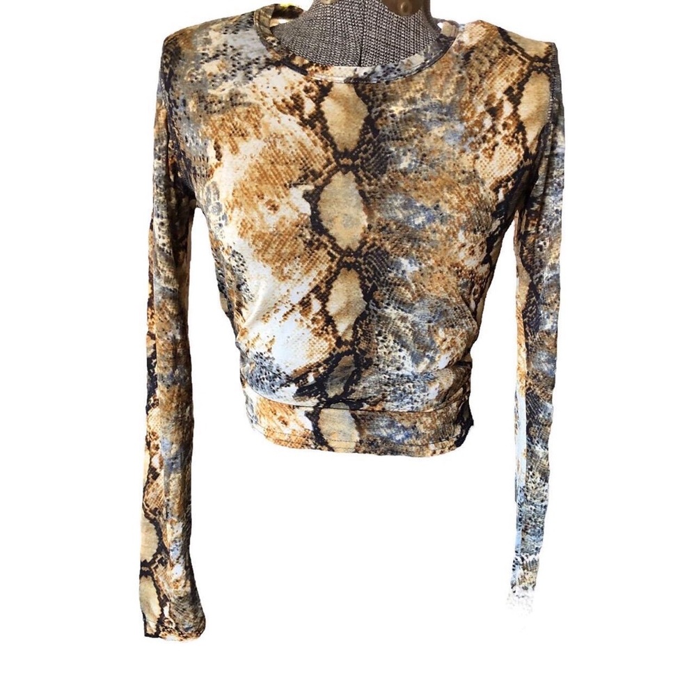 Snakeskin Print Mesh Sheer Long Sleeve Top Karen Kane Small
